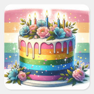 Rainbow Cake Happy Birthday Quadratischer Aufkleber