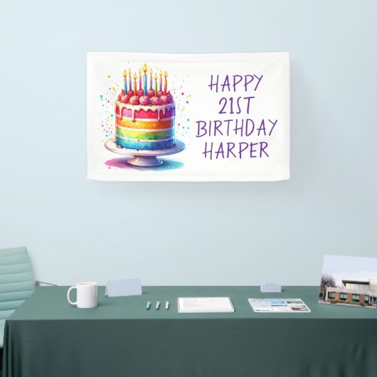 Rainbow Cake Personalized Happy Birthday Banner (Messe)