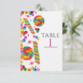 Rainbow Candy Birthday Party Tischnummer Card (Stehend Vorderseite)