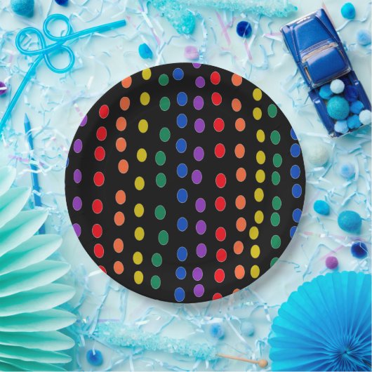 Rainbow Candy Dots auf Schwarz Pappteller (Party)