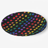 Rainbow Candy Dots auf Schwarz Pappteller (Schrägansicht)