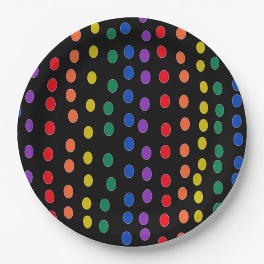 Rainbow Candy Dots auf Schwarz Pappteller (Vorderseite)