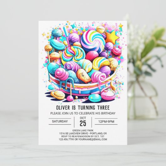 Rainbow Candy Editable Birthday Einladung (Stehend Vorderseite)