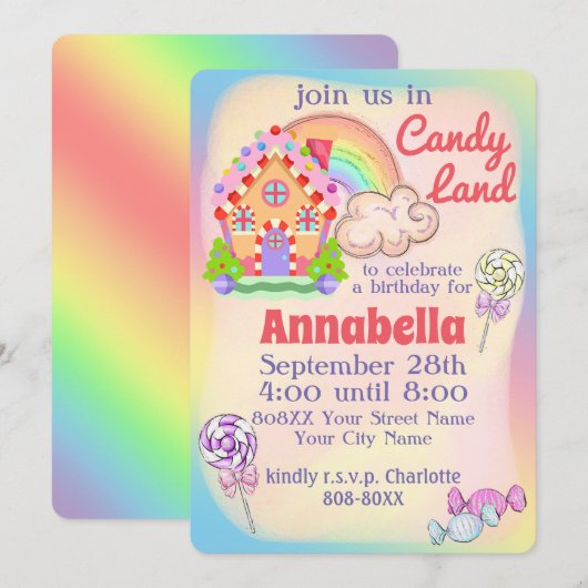 Rainbow Candy Land Party Einladung (Vorne/Hinten)