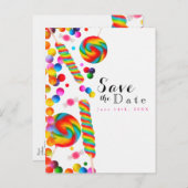 Rainbow Candy Sweet Birthday Party Save the Date Ankündigungspostkarte (Vorne/Hinten)