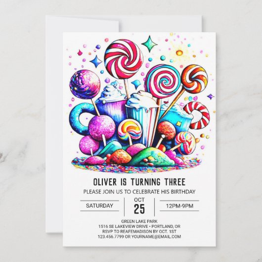 Rainbow Candyland Printable Birthday Einladung (Vorderseite)