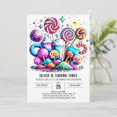 Rainbow Candyland Printable Birthday Einladung (Stehend Vorderseite)
