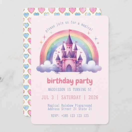 Rainbow Castle Girls Einladung (Vorne/Hinten)