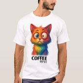 Rainbow Cat Coffee First Funny Art T-Shirt (Vorderseite)