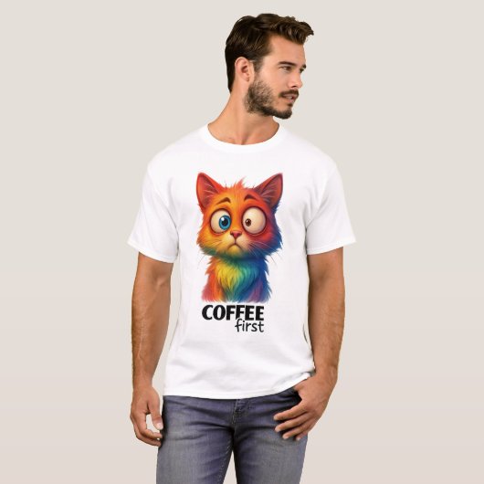 Rainbow Cat Coffee First Funny Art T-Shirt (Vorne ganz)