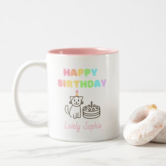 Rainbow&Cat Happy Birthday Zwei-Tone-Kaffee-Tasse Zweifarbige Tasse (Mit Donut)