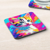 Rainbow Cat: Vivid Portrait Getränkeuntersetzer (Linke Seite)