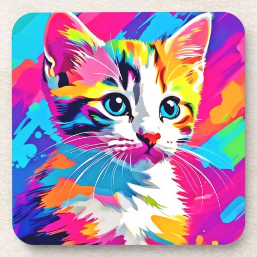Rainbow Cat: Vivid Portrait Getränkeuntersetzer (Vorderseite)