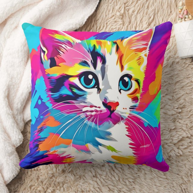 Rainbow Cat: Vivid Portrait Kissen (Decke)