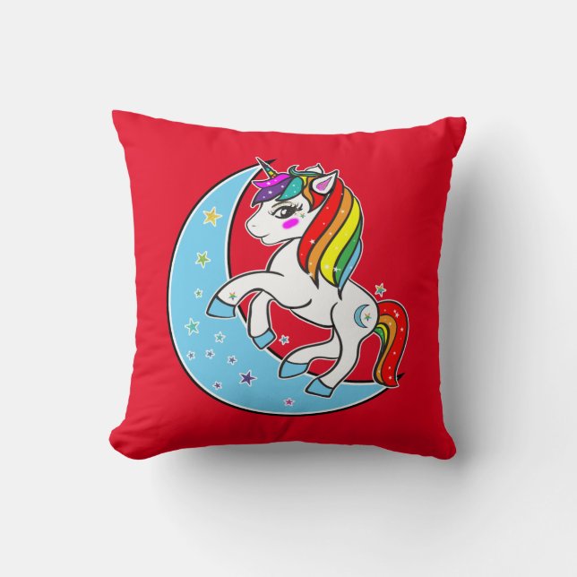 Rainbow Celestial Blue Moon & Stars Unicorn Kissen (Vorderseite)