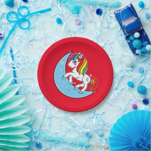 Rainbow Celestial Blue Moon & Stars Unicorn Pappteller (Party)