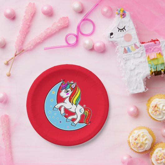 Rainbow Celestial Blue Moon & Stars Unicorn Pappteller (Party)
