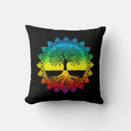 Rainbow Celtic Tree of Life on Black Throw Pillow Kissen