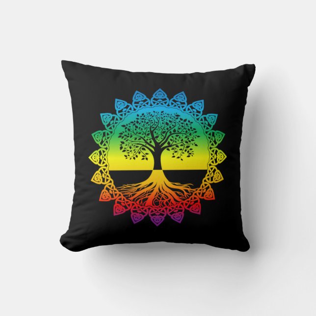 Rainbow Celtic Tree of Life on Black Throw Pillow Kissen (Vorderseite)