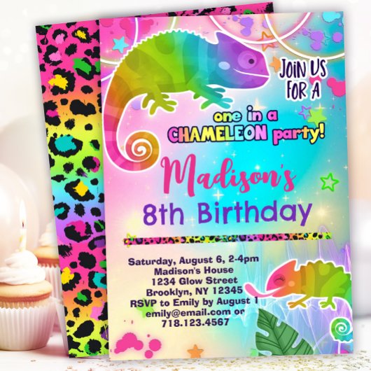 Rainbow Chameleon Birthday Party Einladung