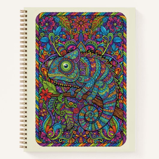 Rainbow Chameleon Floral Neon Zentangle Journal Notizblock (Vorderseite)