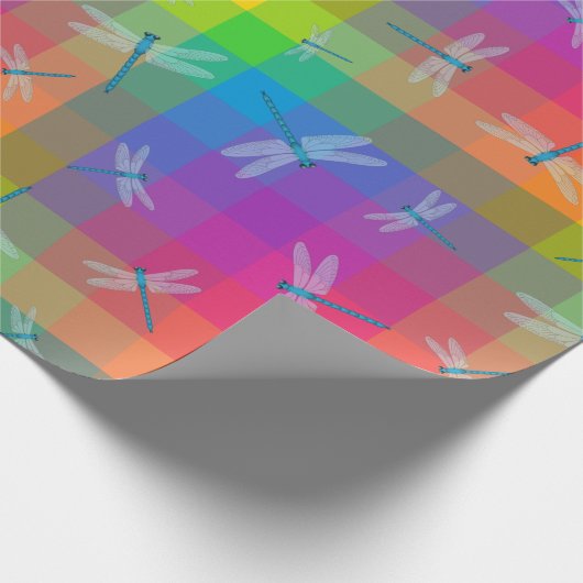 Rainbow Check with Dragonflies Geschenkpapier (Ecke)