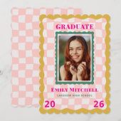 Rainbow Checkered Grad Announcement with Photo Einladung (Vorne/Hinten)