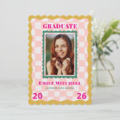 Rainbow Checkered Grad Invitation with Photo Einladung (Stehend Vorderseite)