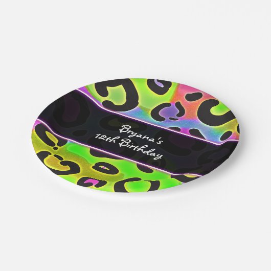 Rainbow Cheetah Leopard Birthday Party Teller (Schrägansicht)