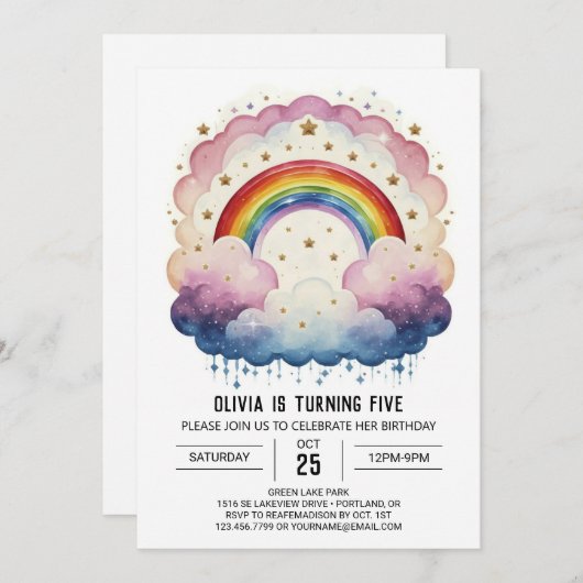 Rainbow Chic Clouds Geburtstag Einladung (Vorne/Hinten)