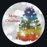 Rainbow Christmas Tree Snow Graphic Runder Aufkleber<br><div class="desc">Farbenfroher Regenbogen Weihnachtsbaum mit Schnee und Schneeflocken.</div>