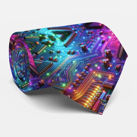 Rainbow Circuit Board Necktie – Colorful Tech Geek Krawatte (Gerollt)