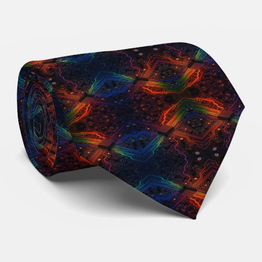 Rainbow Circuit Board Necktie – Colorful Tech Geek Krawatte (Gerollt)