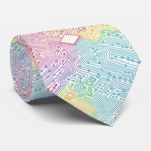 Rainbow Circuit Board Necktie – Colorful Tech Geek Krawatte (Gerollt)