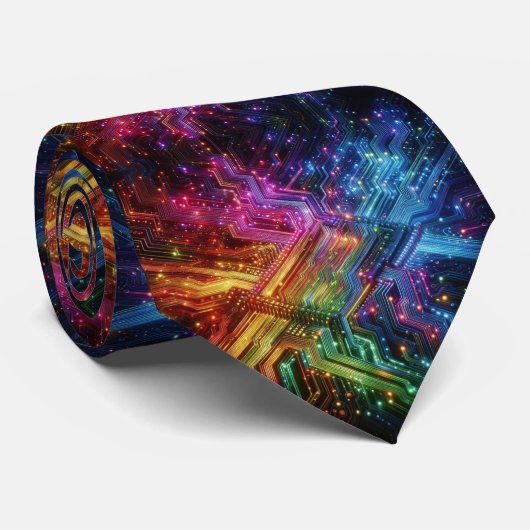 Rainbow Circuit Board Necktie – Colorful Tech Geek Krawatte (Gerollt)