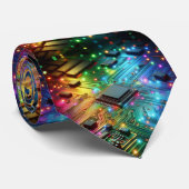 Rainbow Circuit Board Necktie – Colorful Tech Geek Krawatte (Gerollt)