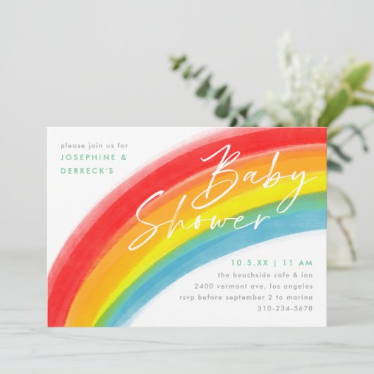 Rainbow Classic Babydusche Einladung (Stehend Vorderseite)