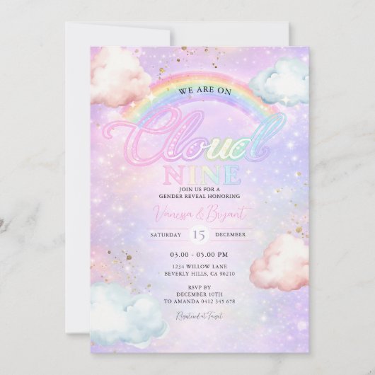 Rainbow Cloud Galaxy Glitter Gender Reveal Einladung (Vorderseite)