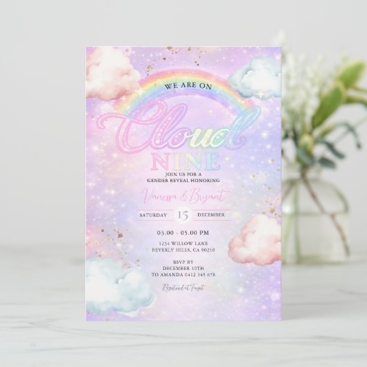 Rainbow Cloud Galaxy Glitter Gender Reveal  Einladung (Stehend Vorderseite)