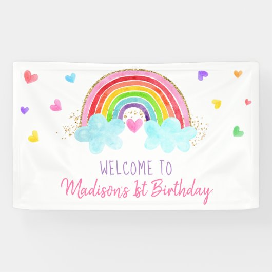Rainbow Cloud Hearts Pink Gold Geburtstag Banner (Horizontal)