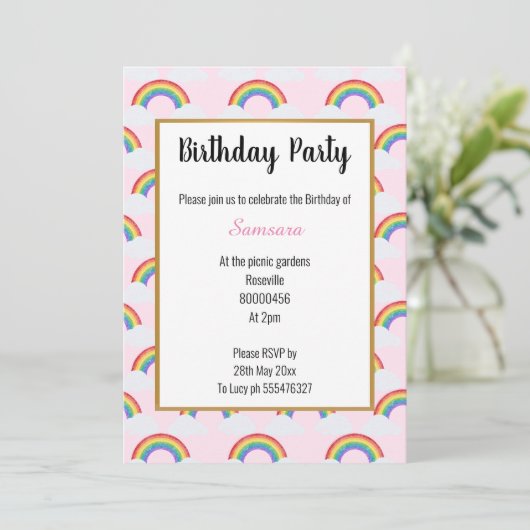 RAINBOW CLOUD PINK MULTIPLE Einladung zum Geburtst (Stehend Vorderseite)
