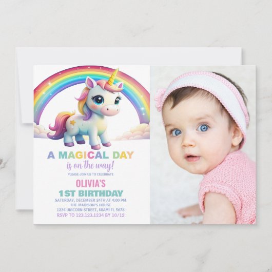 Rainbow Cloud Unicorn Birthday Einladungen Foto (Vorderseite)