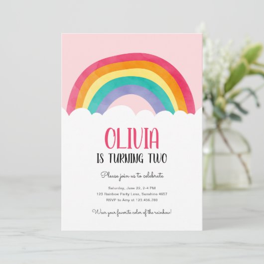 Rainbow Clouds Fun Pink Girl Einladung (Stehend Vorderseite)