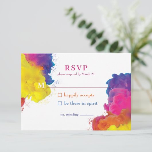 Rainbow Color Explosion Wedding RSVP Karte (Stehend Vorderseite)