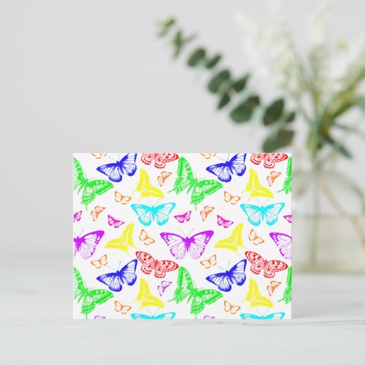 Rainbow Colored Butterflies Flying Postkarte (Stehend Vorderseite)