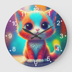 Rainbow Colored Kitten Cartoon Große Wanduhr