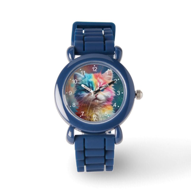 Rainbow Colored Kitten Potrait Armbanduhr (Vorderseite)