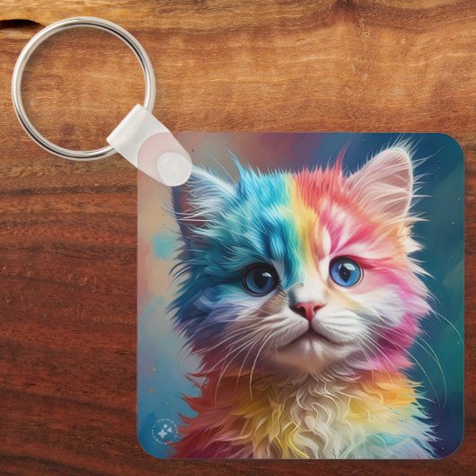Rainbow Colored Kitten Potrait Schlüsselanhänger (Vorderseite)