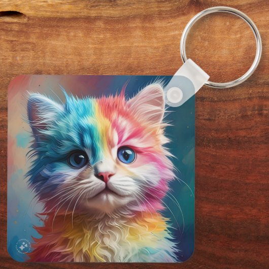Rainbow Colored Kitten Potrait Schlüsselanhänger (Rückseite)