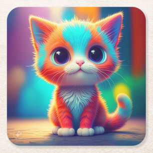 Rainbow Colored Kitten Sitting Cartoon-68677 Rechteckiger Pappuntersetzer